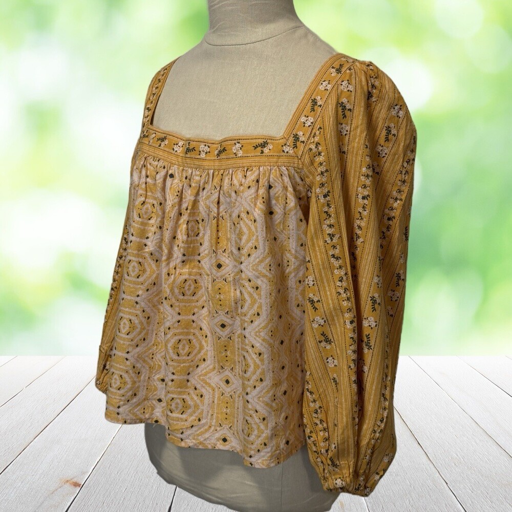 C&C CALIFORNIA Babydoll Smock Top Linen Blend Mixed Print Boho Swing Size L